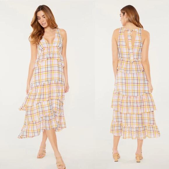 Cinq A Sept gingham plaid tiered midi ruffle dress size 10 spring vacation astor - Picture 1 of 6